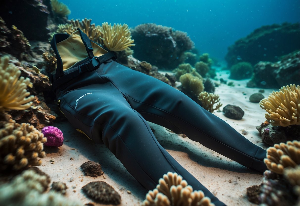 A pair of Aqualung Thermocline 5mm pants lying on a sandy ocean floor, surrounded by colorful coral and various marine life