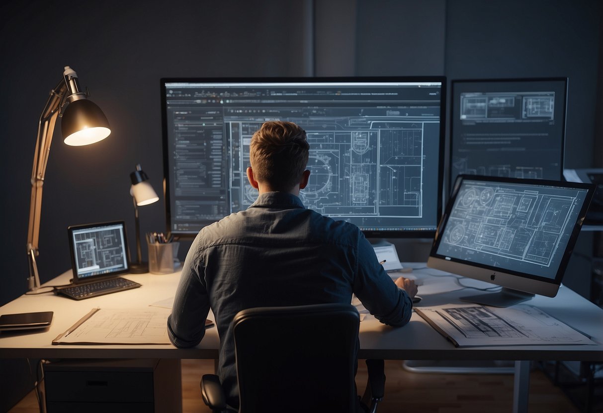 A designer sits at a drafting table, sketching furniture blueprints with precision tools and measuring instruments. A computer screen displays digital renderings of the designs