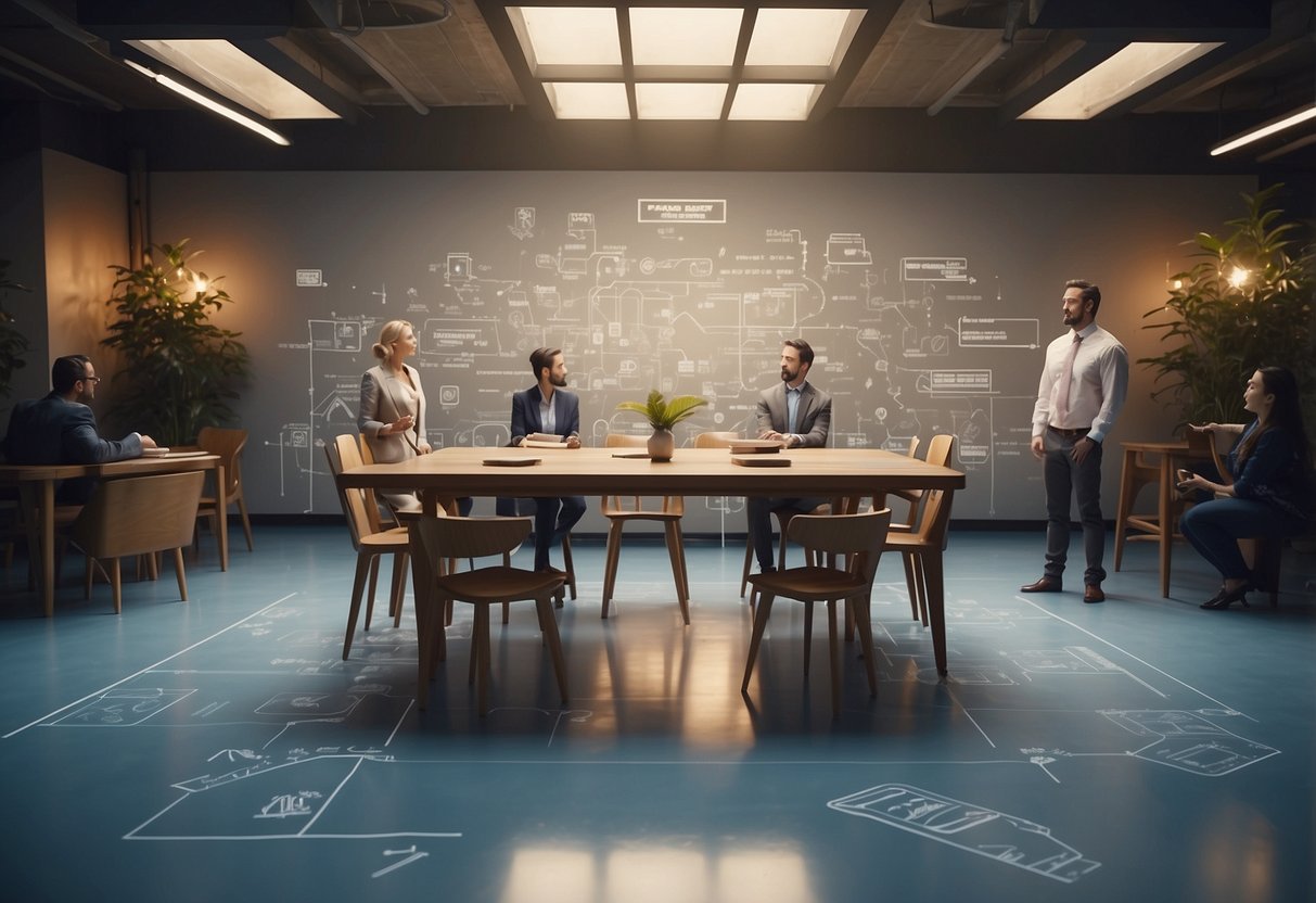 A table surrounded by people with questions marks above their heads, while a blueprint of furniture floats in the background