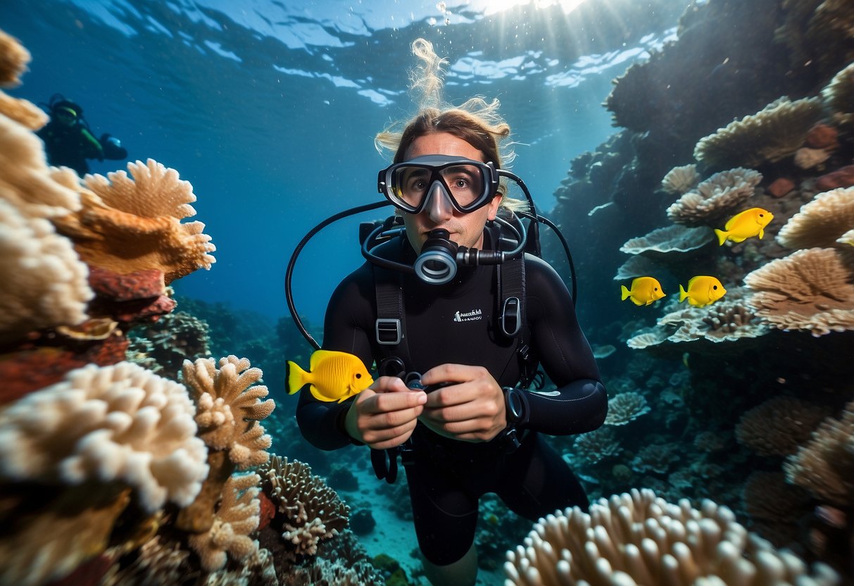 A scuba diver exploring colorful coral reefs, surrounded by marine life, using one of the top 10 scuba diving apps on a waterproof device