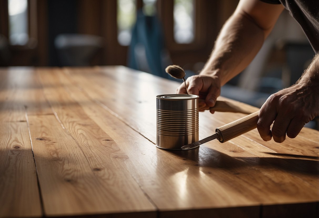 A hand reaches for a can of wood stain, while a paintbrush hovers over a table leg. Sandpaper and a screwdriver sit nearby