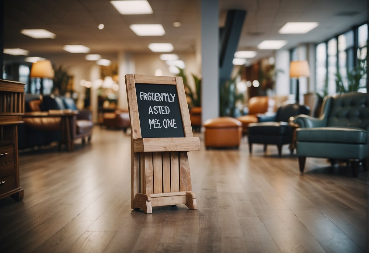 Various furniture legs scattered around a showroom, with a sign reading "Frequently Asked Questions furniture legs near me" displayed prominently