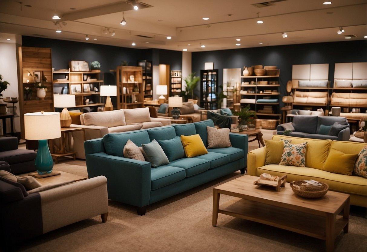 A bustling furniture store with rows of sofas, tables, and shelves, customers browsing and staff assisting. Bright lighting and colorful displays