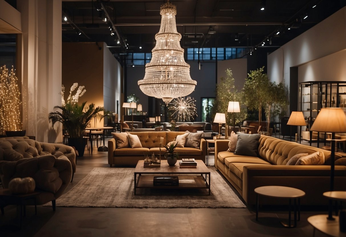 The lighting and furniture stores are filled with rows of elegant chandeliers, modern floor lamps, and sleek sofas and tables, creating a warm and inviting atmosphere