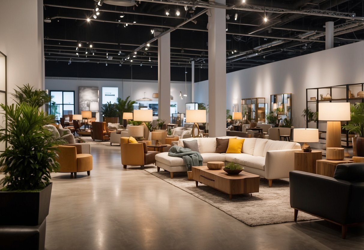 Customers browse through vast showrooms of large furniture, admiring various displays and designs. Bright lighting and spacious aisles create an inviting atmosphere for exploration