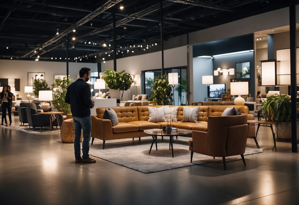Customers browse modern lighting and furniture displays in a spacious, well-lit showroom