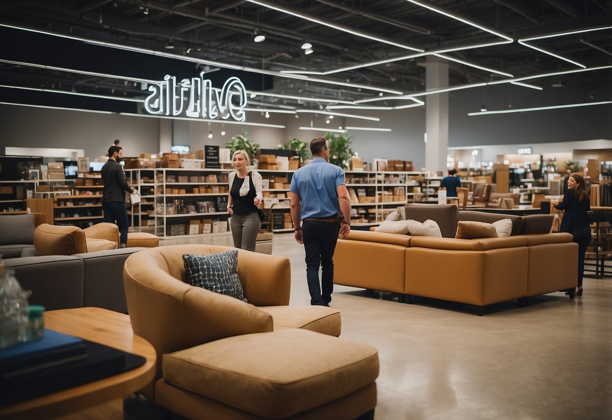 Customers browsing aisles, staff assisting, clear signage, and visible policies create a seamless shopping experience at large furniture stores