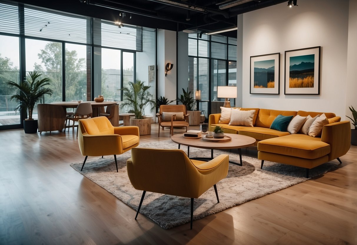 A bright showroom displays modern furniture with sleek lines. Soft, warm lighting highlights trendy pieces in a spacious, airy setting