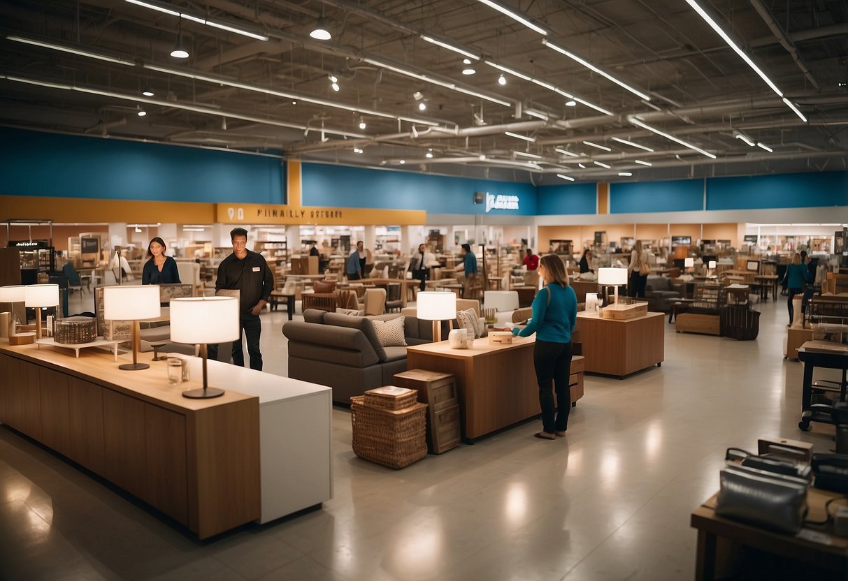 Customers browsing through aisles of furniture, sales associates assisting, and signs indicating different sections in a large, well-lit store