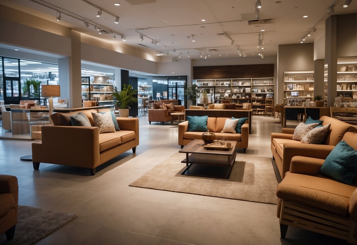 The store is brightly lit with modern furniture displays. Customers browse and staff assist with questions