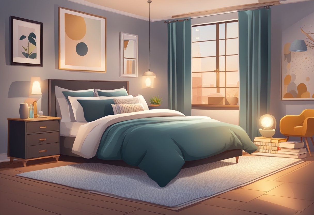 A cozy bedroom with a stylish bed, adorned with plush pillows and a soft throw blanket. A nightstand with a lamp and a stack of books completes the scene