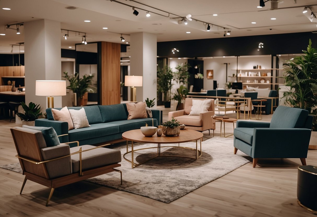 A welcoming furniture showroom with modern designs, cozy seating areas, and attentive staff assisting customers