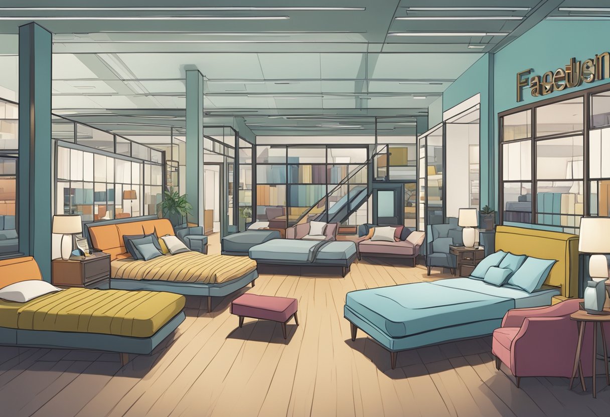 A crowded furniture showroom with a prominent "Frequently Asked Questions" sign above a display of various bed frames on sale