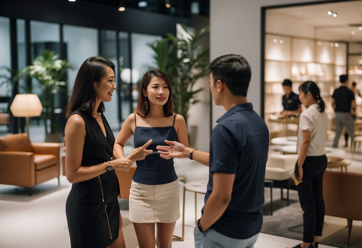 A group of people discussing and examining various pieces of furniture in a stylish and modern showroom in Singapore