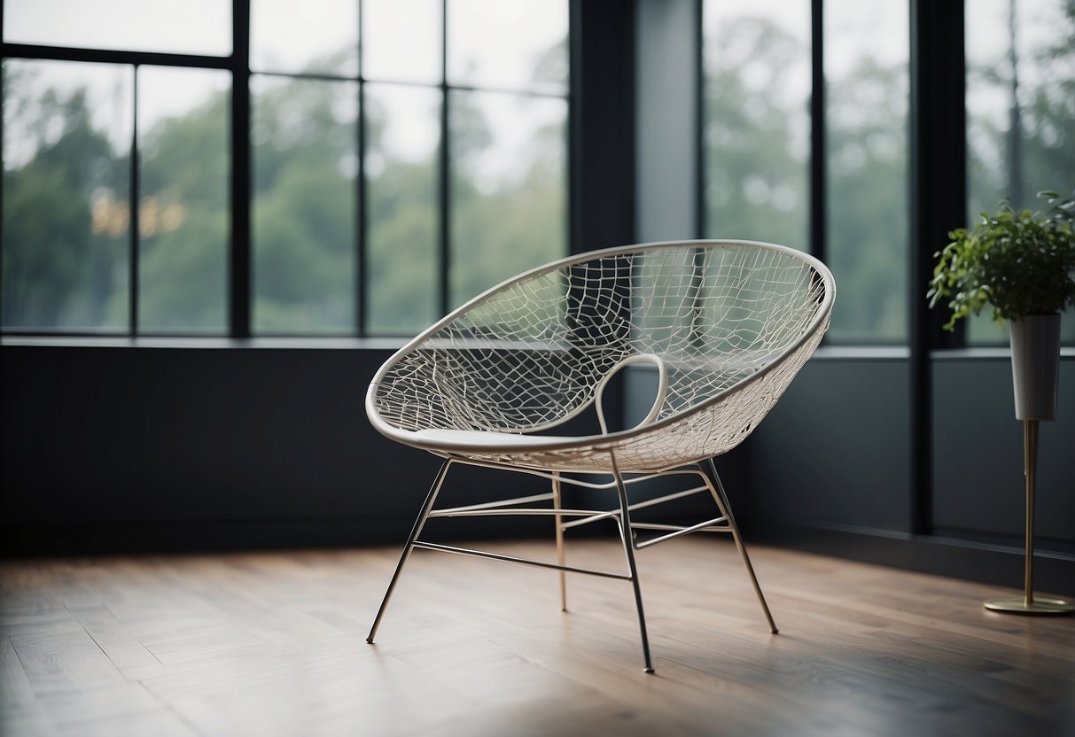 A wireframe chair and table in a modern, minimalist room with clean lines and open space