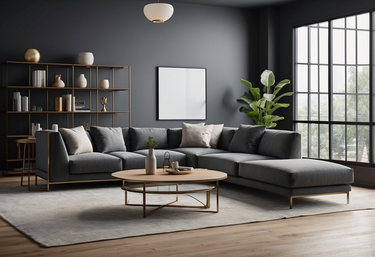 A wireframe furniture set arranged in a modern living room with clean lines and minimalistic design