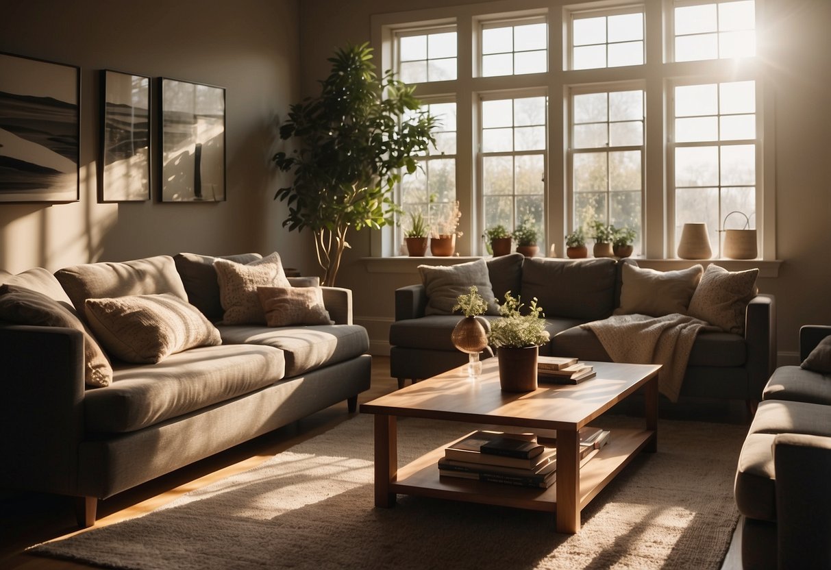 A cozy living room with a modern sofa, coffee table, and bookshelf. Sunlight streams in through the window, casting warm shadows on the furniture