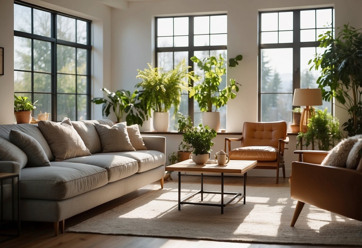 A cozy living room with a modern sofa, coffee table, and plants. Bright natural light streams in through large windows, casting a warm glow on the space