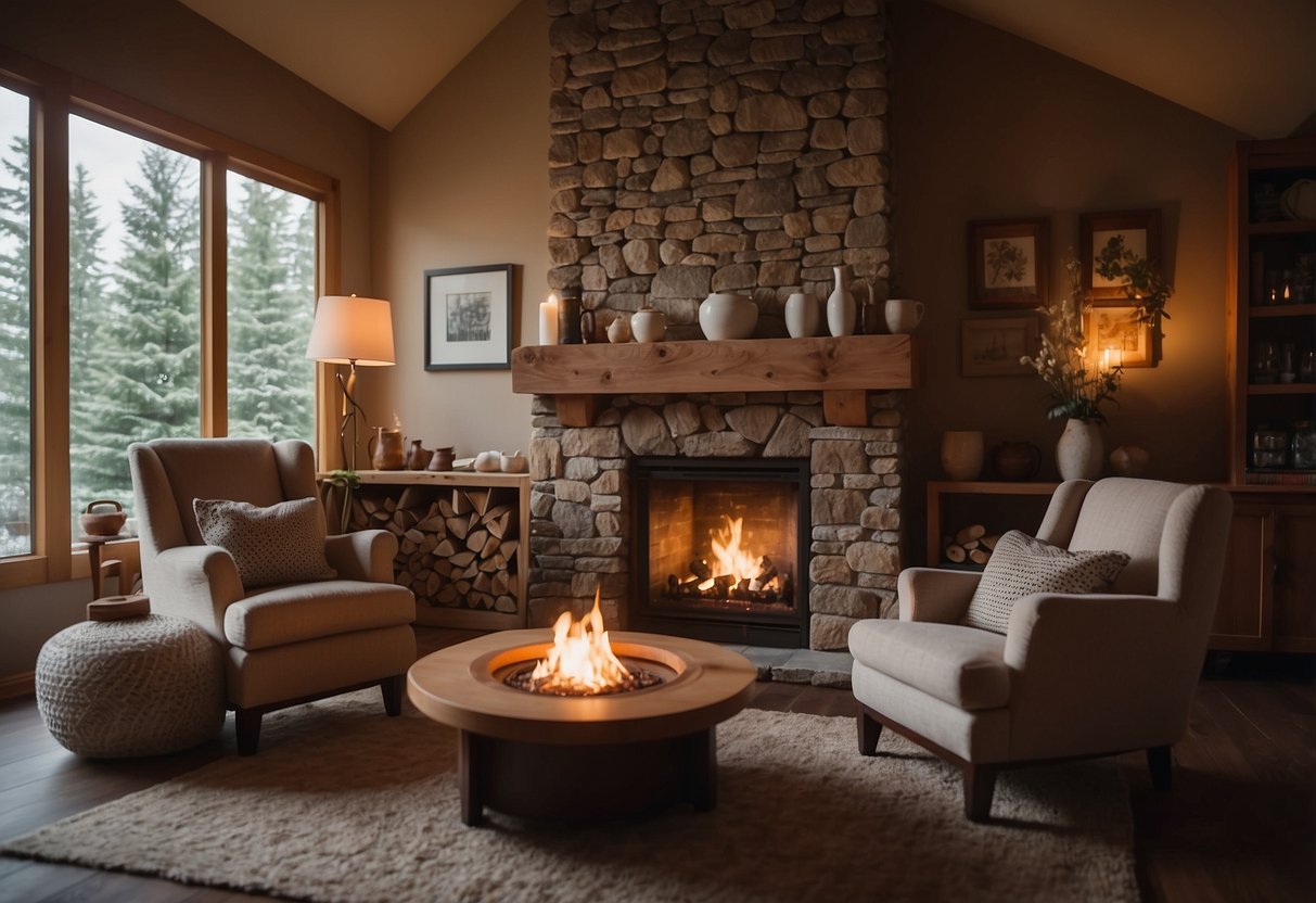 A cozy living room with a stone corner fireplace, surrounded by plush armchairs and a warm rug. The fire crackles and casts a warm glow, creating a cozy atmosphere