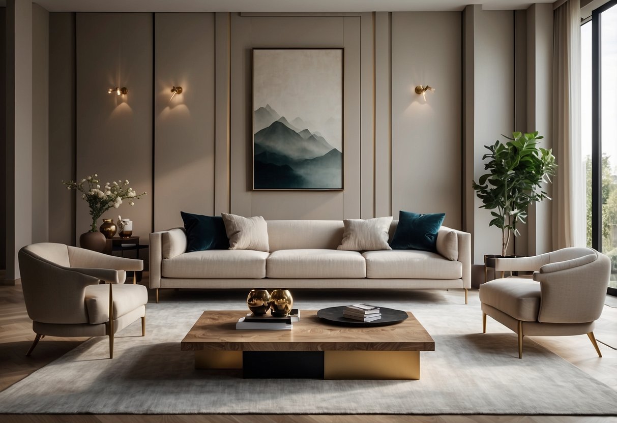 A spacious, modern living room with sleek, high-end furniture arranged in an elegant and inviting manner. The room is filled with natural light, showcasing the luxurious pieces that have been dropshipped