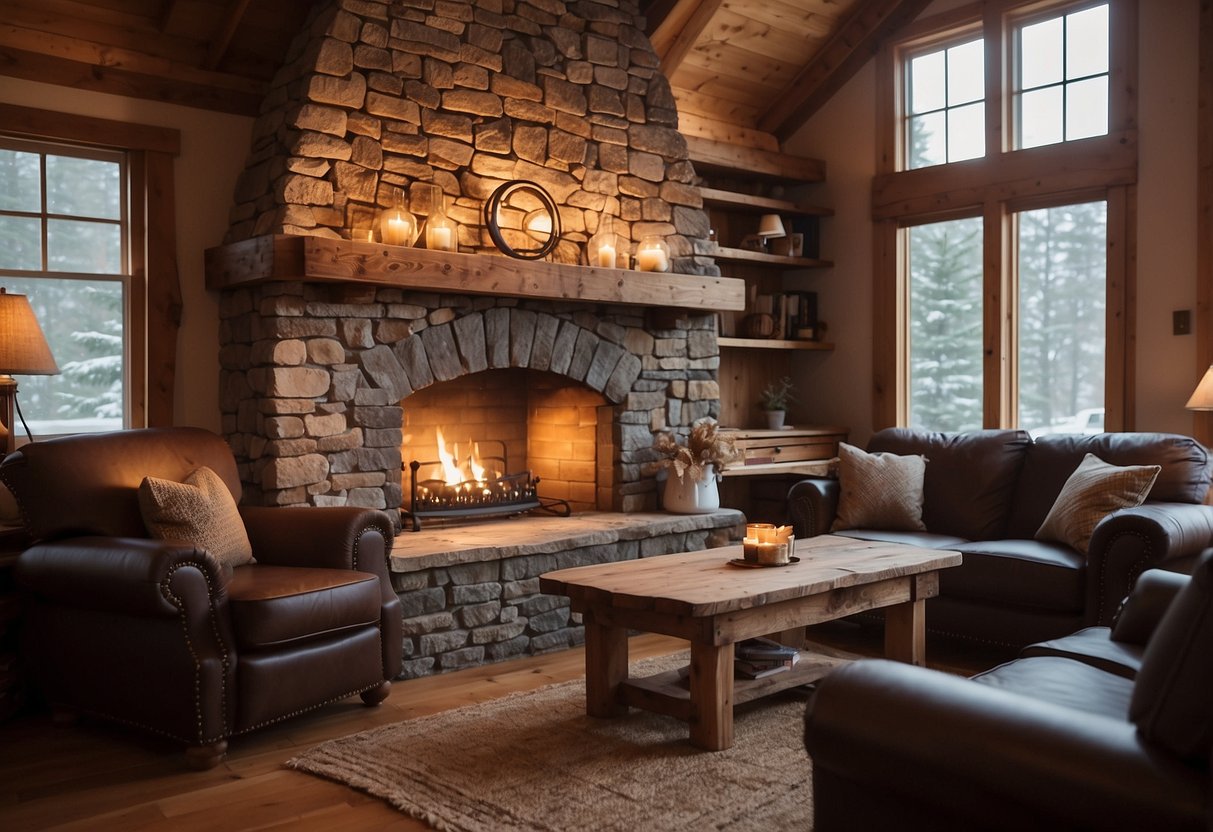 A cozy rustic stone corner fireplace with a crackling fire, surrounded by warm wood and comfortable seating