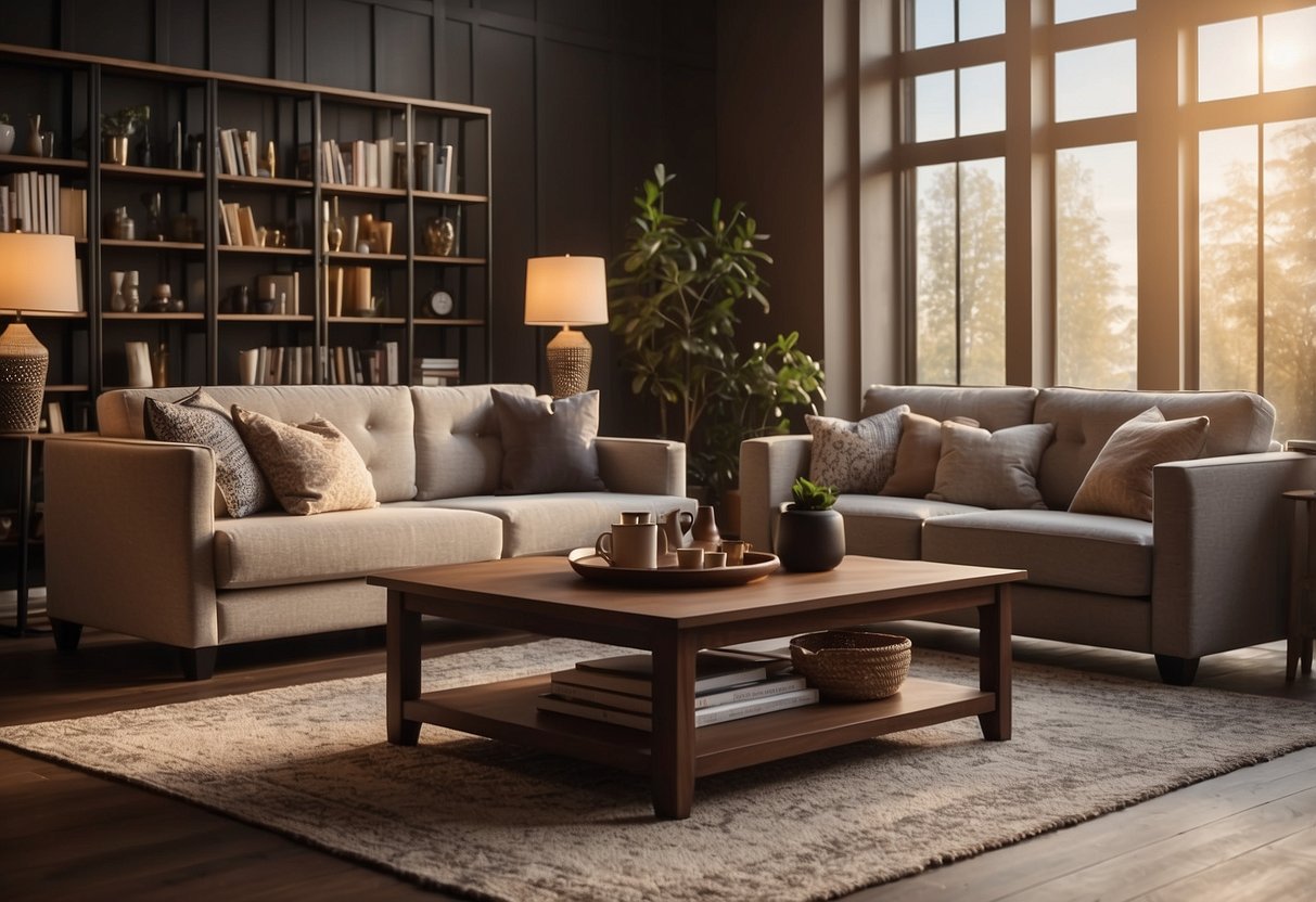 A cozy living room with a comfortable sofa, elegant coffee table, and stylish bookshelf from Work Wonders Furniture. Warm lighting and a soft rug complete the inviting atmosphere