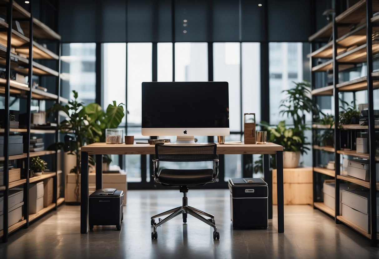 A sleek, modern office space with shelves of high-end furniture, a computer displaying a dropshipping website, and boxes ready for shipment