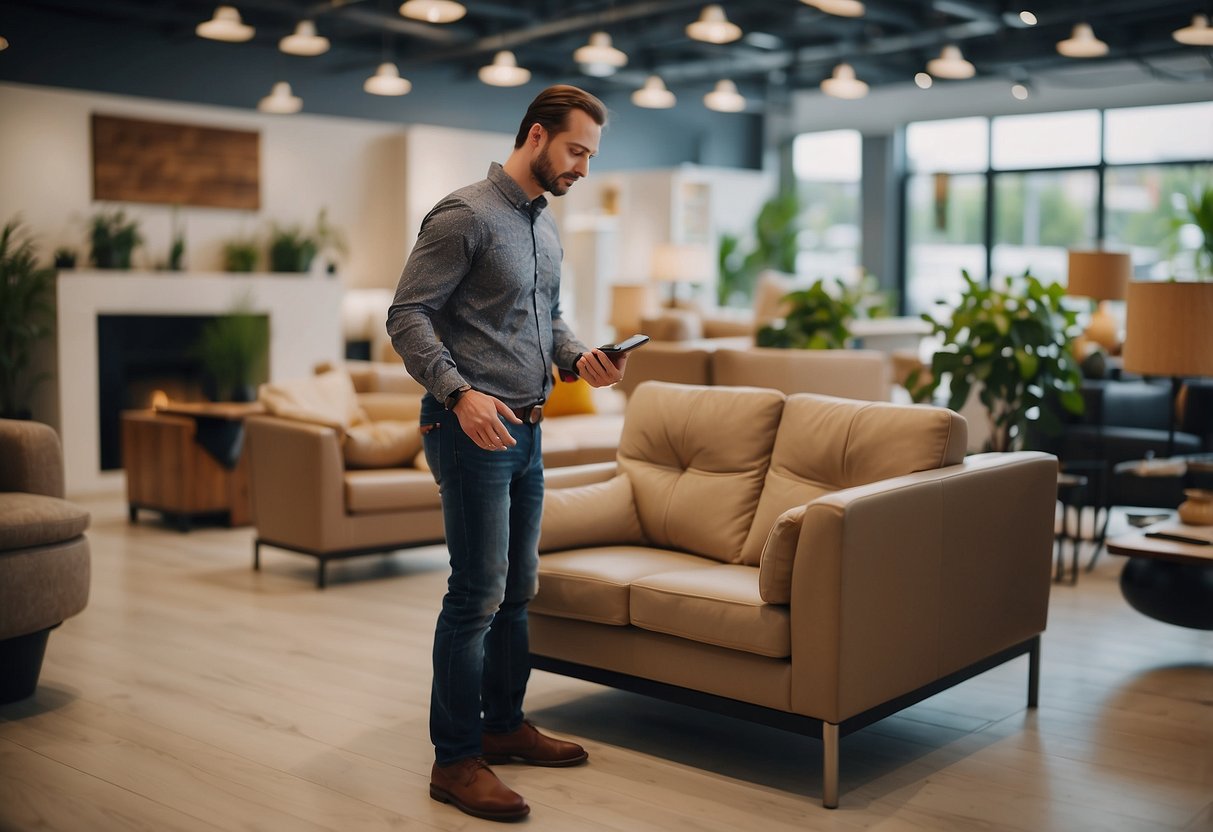 A customer selects a living room furniture package from a showroom display