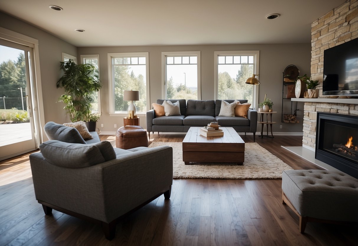 A living room with neatly arranged furniture packages and a sign reading "Frequently Asked Questions" in a modern font