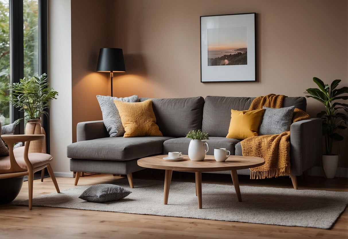 A cozy living room with a modern sofa, sleek coffee table, and stylish armchair from the Work Wonders Furniture Range. Bright lighting and a warm color palette create a welcoming atmosphere