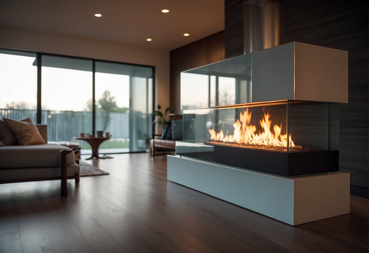 A sleek modern glass fireplace sits in the corner of a cozy living room, casting a warm glow and adding a touch of elegance to the space