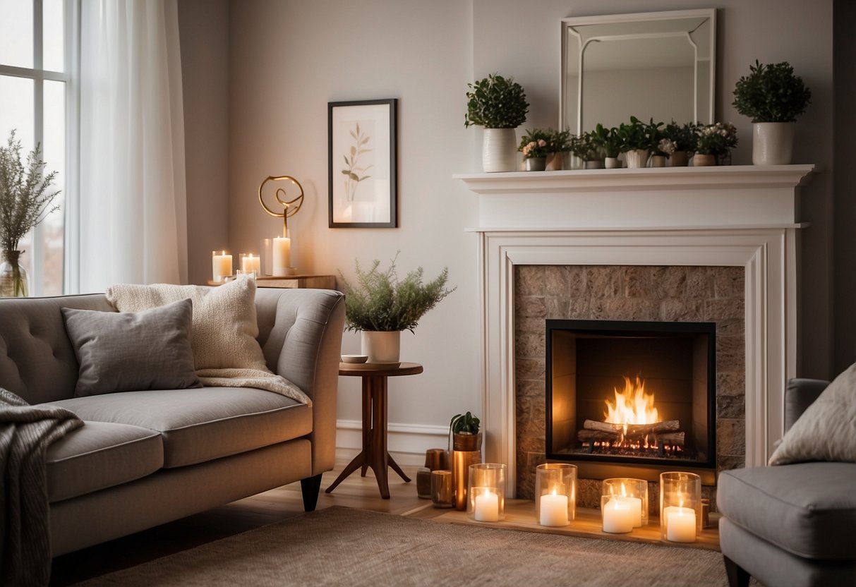 A cozy living room with a classic white corner fireplace, adorned with a decorative mantel. The warm glow of the fire creates a welcoming ambiance