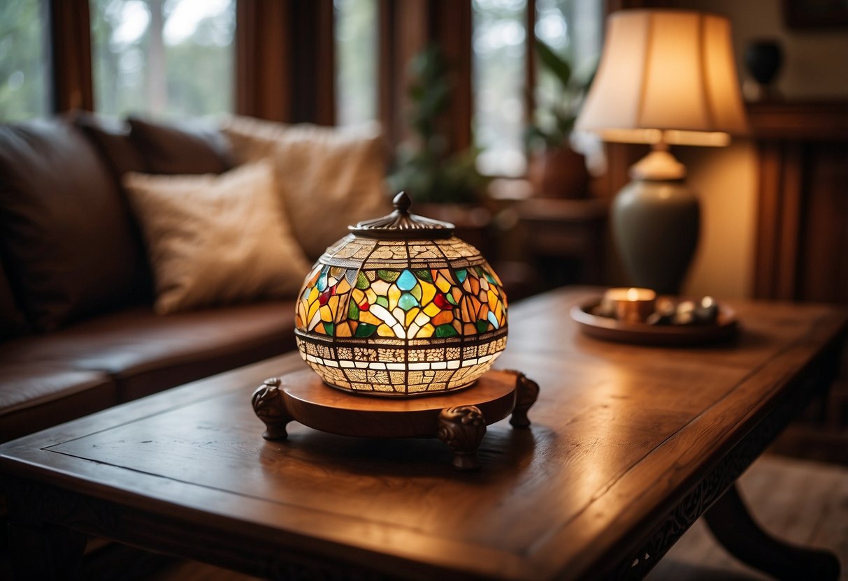 A cozy living room with a handcrafted wooden table, chairs with intricate carvings, and a stained glass lamp casting warm light