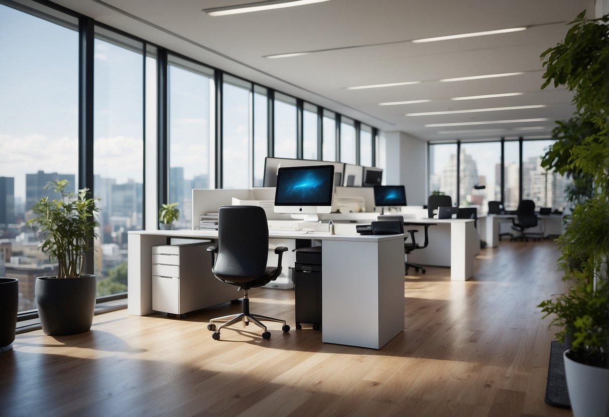 A bright, modern office space with sleek, ergonomic furniture. A customer service representative assists a client at a stylish desk