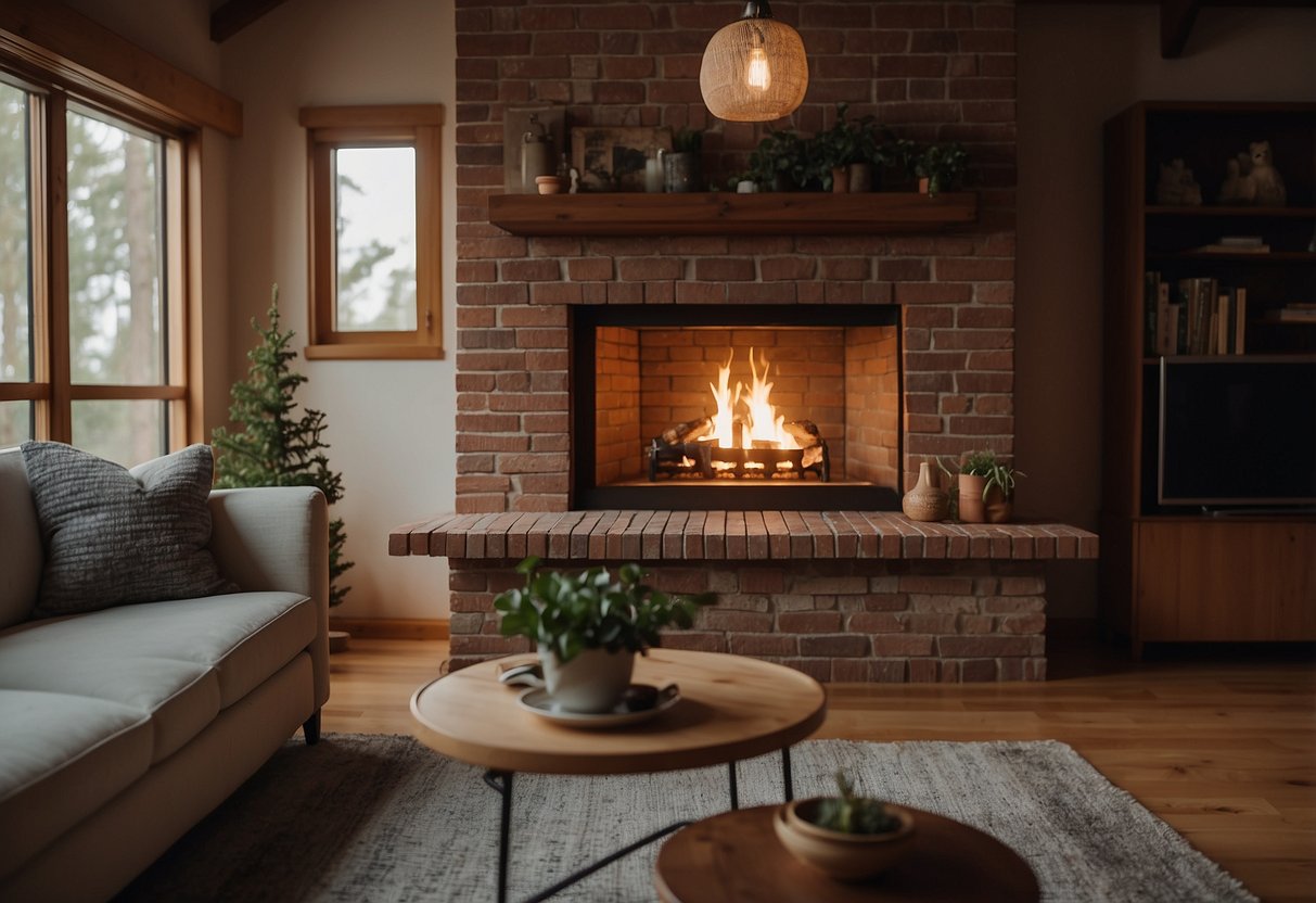 A brick fireplace with a wooden mantel sits in the corner of a cozy living room, with a warm fire crackling and casting a soft glow over the room