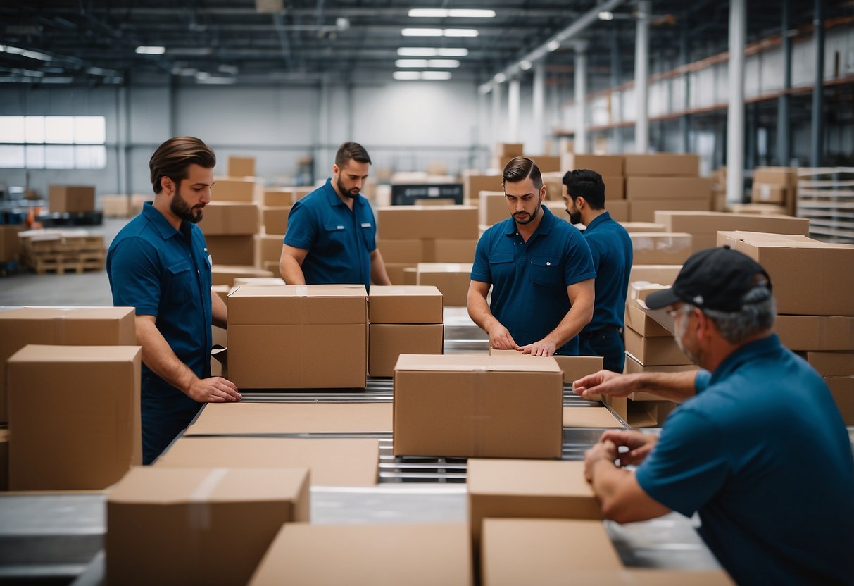 A sleek, modern warehouse filled with high-end furniture, with workers efficiently packaging and shipping orders, while a team of marketers strategize and create promotional materials