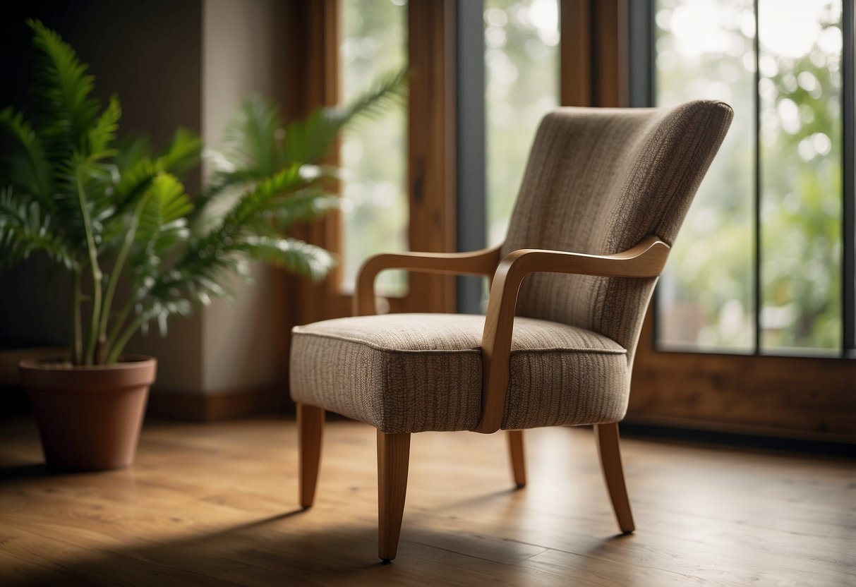 An oak chair with clean lines and handcrafted details sits in a cozy, well-lit room adorned with nature-inspired motifs and warm earthy tones