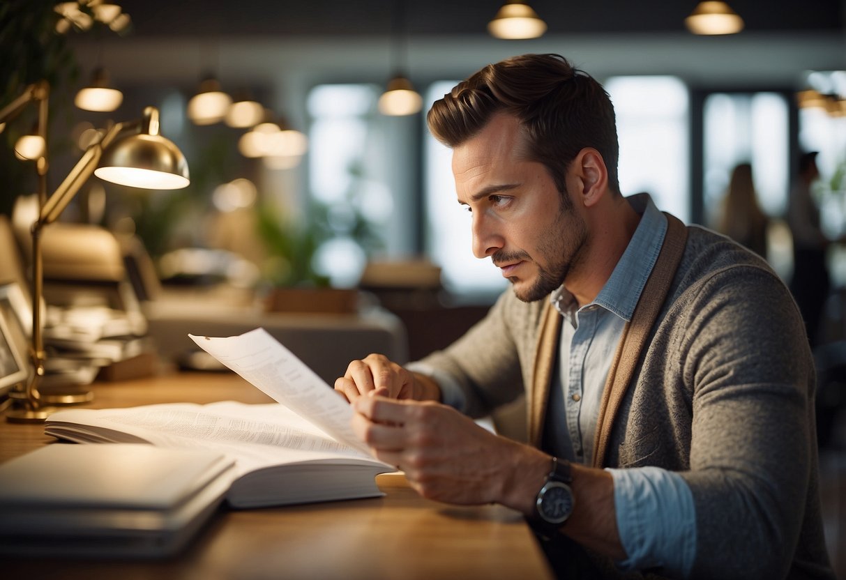 A customer browsing through a list of "Frequently Asked Questions" about furniture, with a puzzled expression on their face