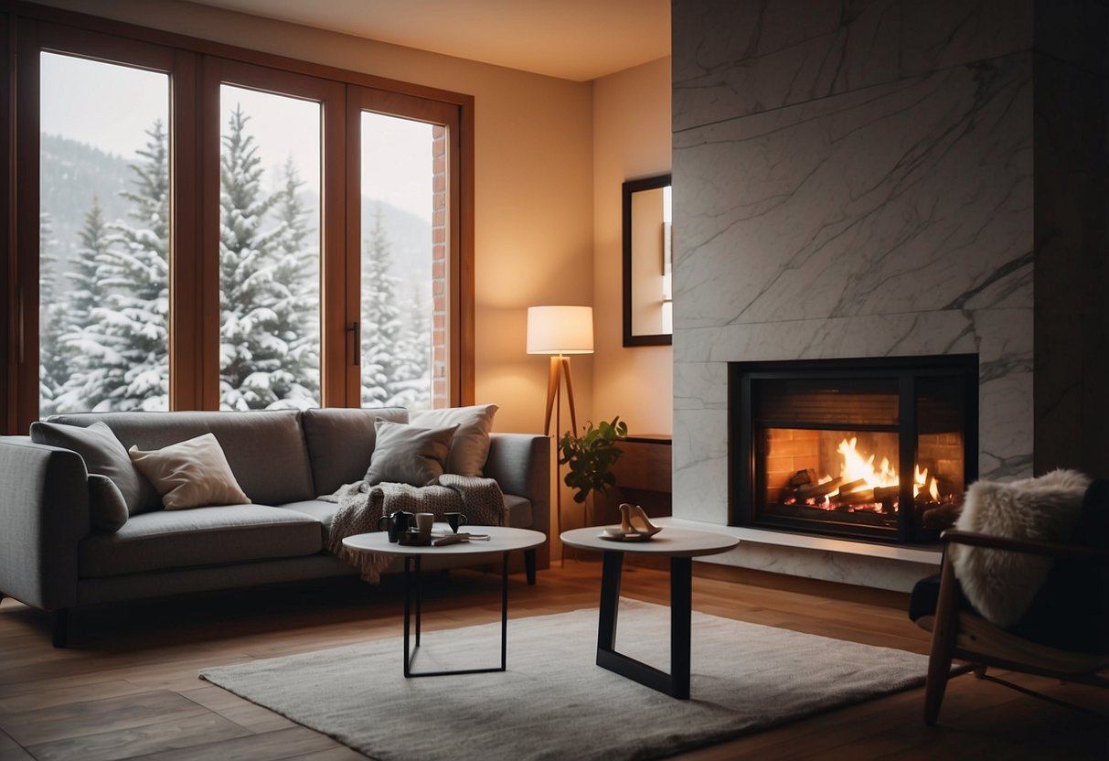 A cozy fireplace with a marble surround sits in the corner of a room, casting a warm glow and creating a cozy atmosphere