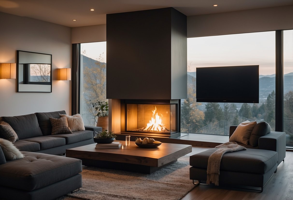 A cozy living room with a double-sided corner fireplace, surrounded by comfortable seating and warm lighting