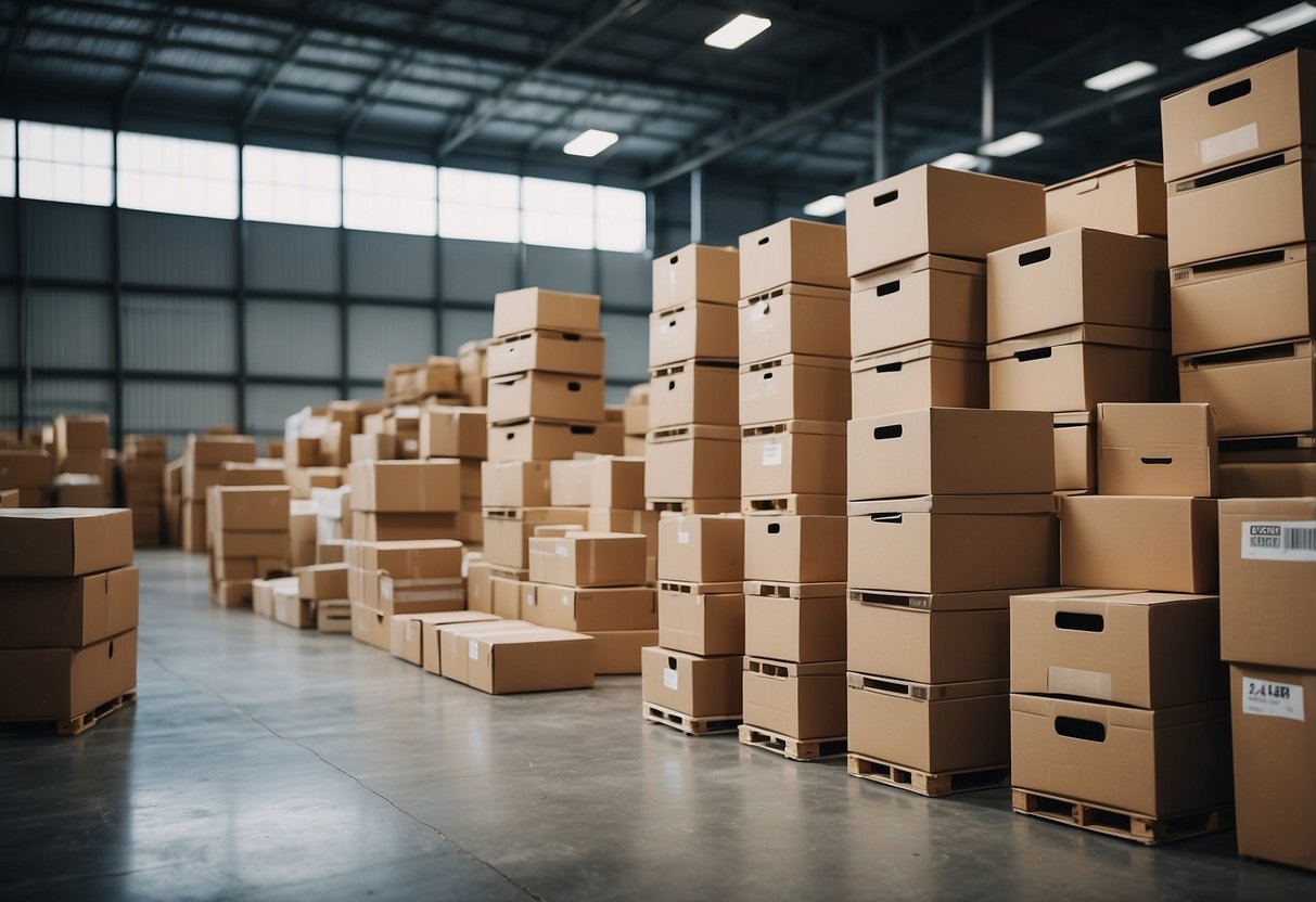 Luxury furniture boxes stacked in a warehouse, ready for dropshipping. Labels with "Frequently Asked Questions" on each box