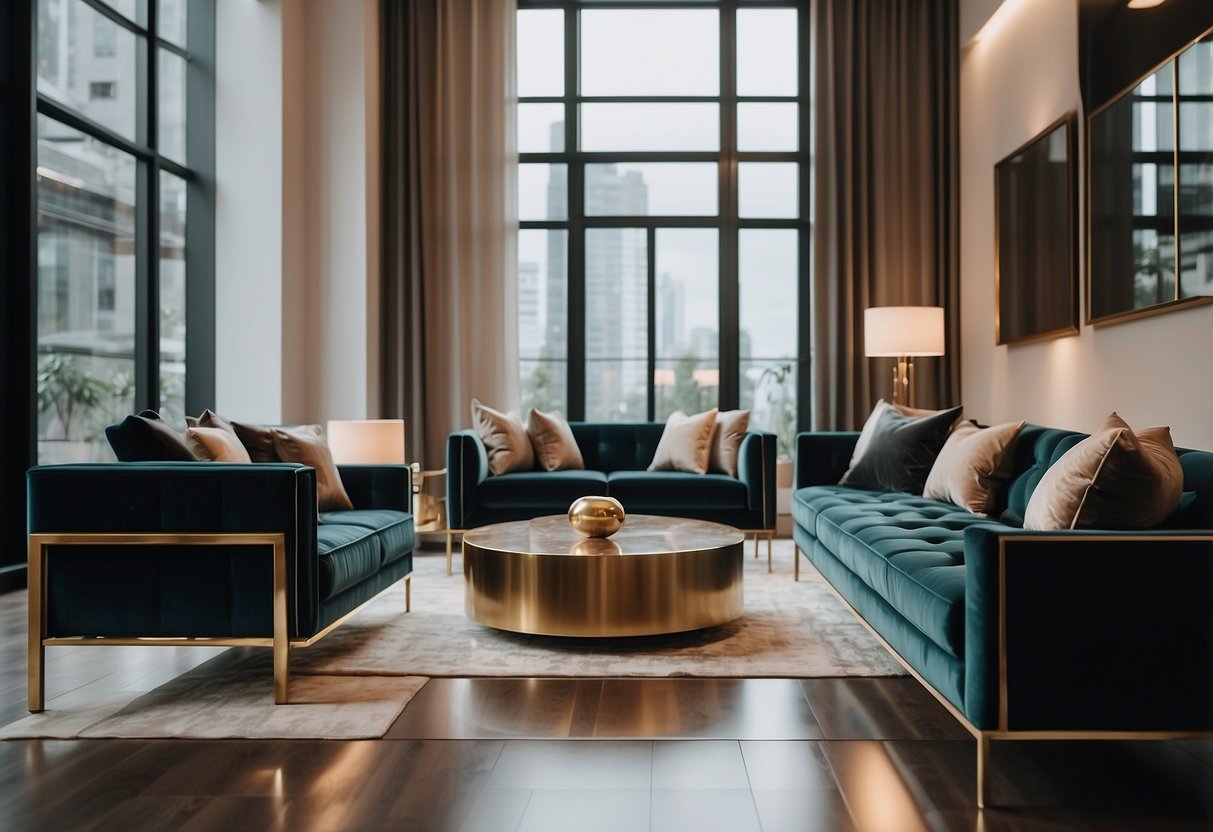 Luxurious furniture displayed in elegant showrooms, with modern designs and high-quality materials. Bright lighting and polished floors create a sophisticated atmosphere