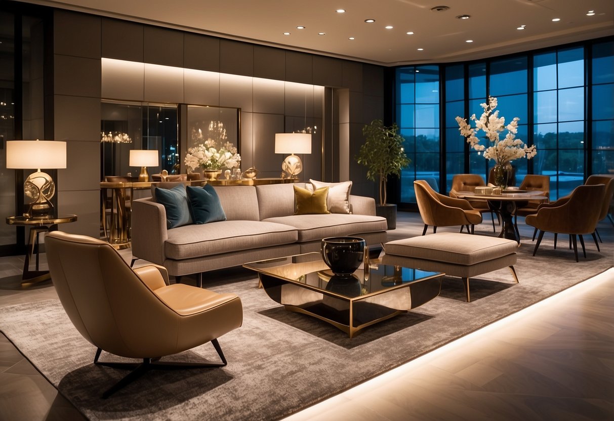 A sleek, modern showroom with designer chairs and tables, bathed in soft lighting. Luxurious fabrics and elegant finishes adorn the exclusive furniture displays
