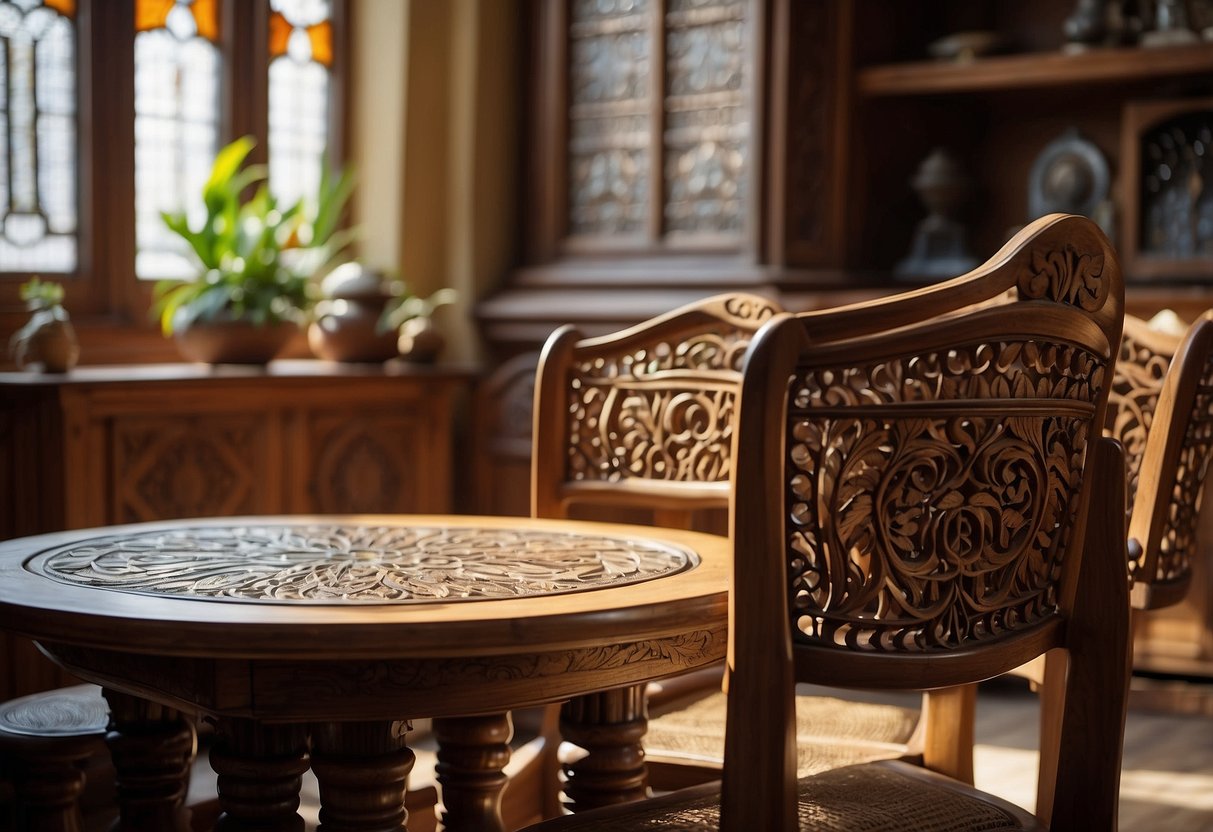 A wooden table with intricate carvings, a chair with woven cane seat, and a cabinet with stained glass panels