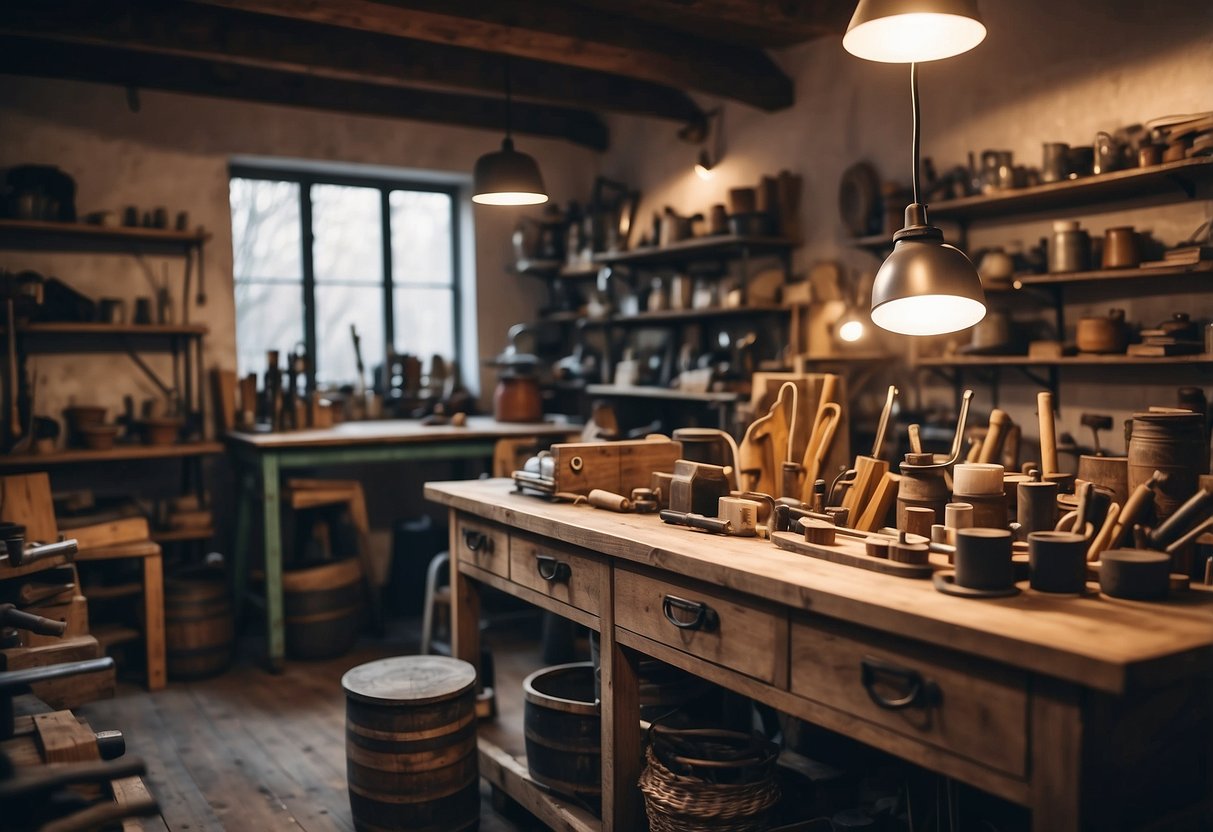 A cozy workshop with vintage tools and materials for creating arts and crafts furniture