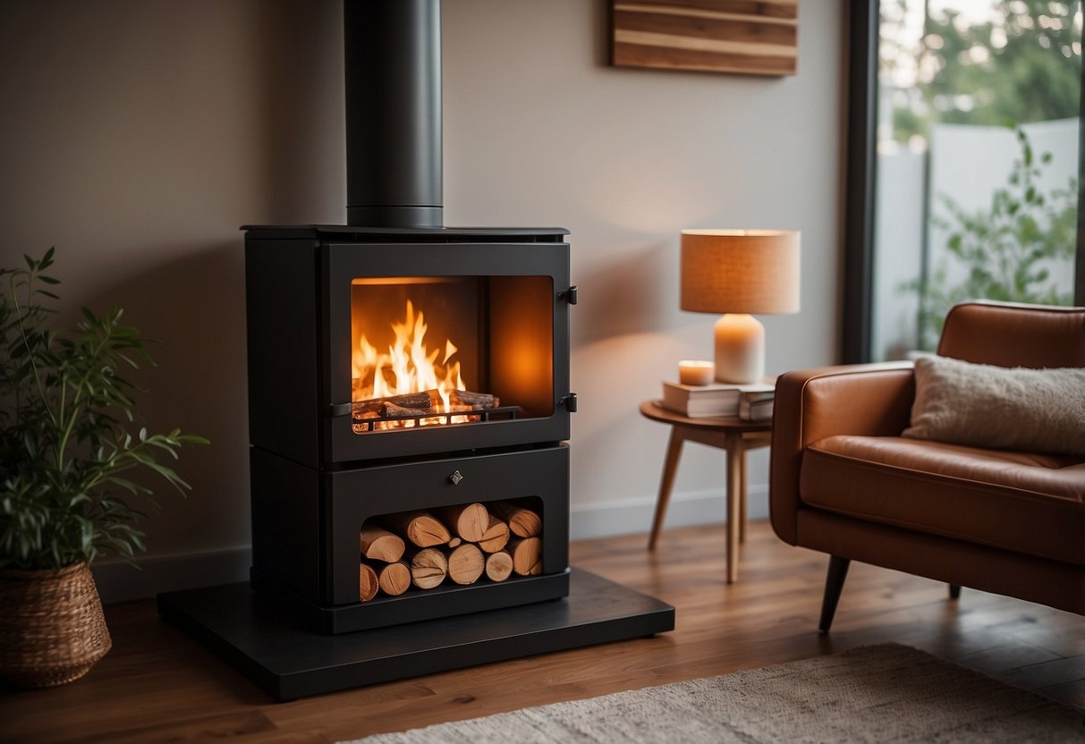 A freestanding fireplace stove sits in a cozy corner, surrounded by warm, inviting decor. The flickering flames cast a comforting glow, creating a perfect spot for relaxation and warmth