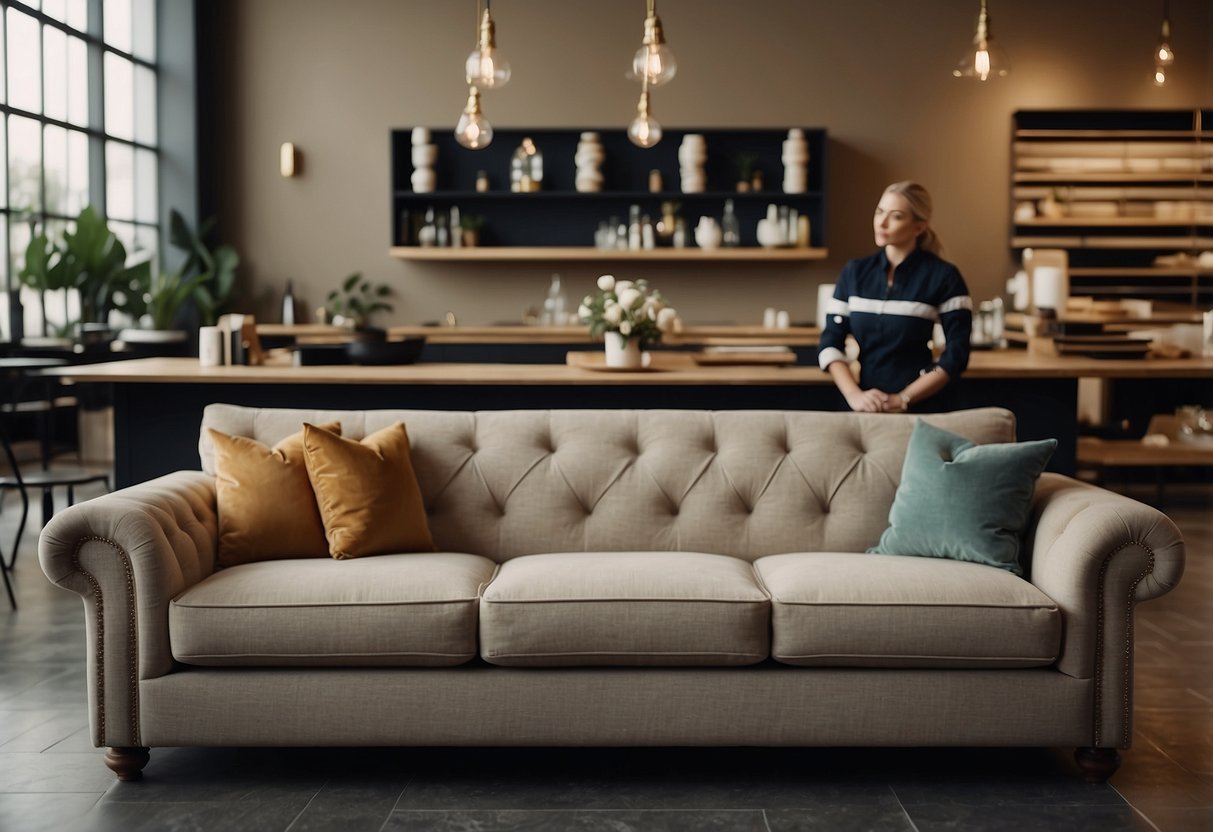 A customer carefully selects a luxurious sofa while a store employee demonstrates proper care techniques for a nearby dining table
