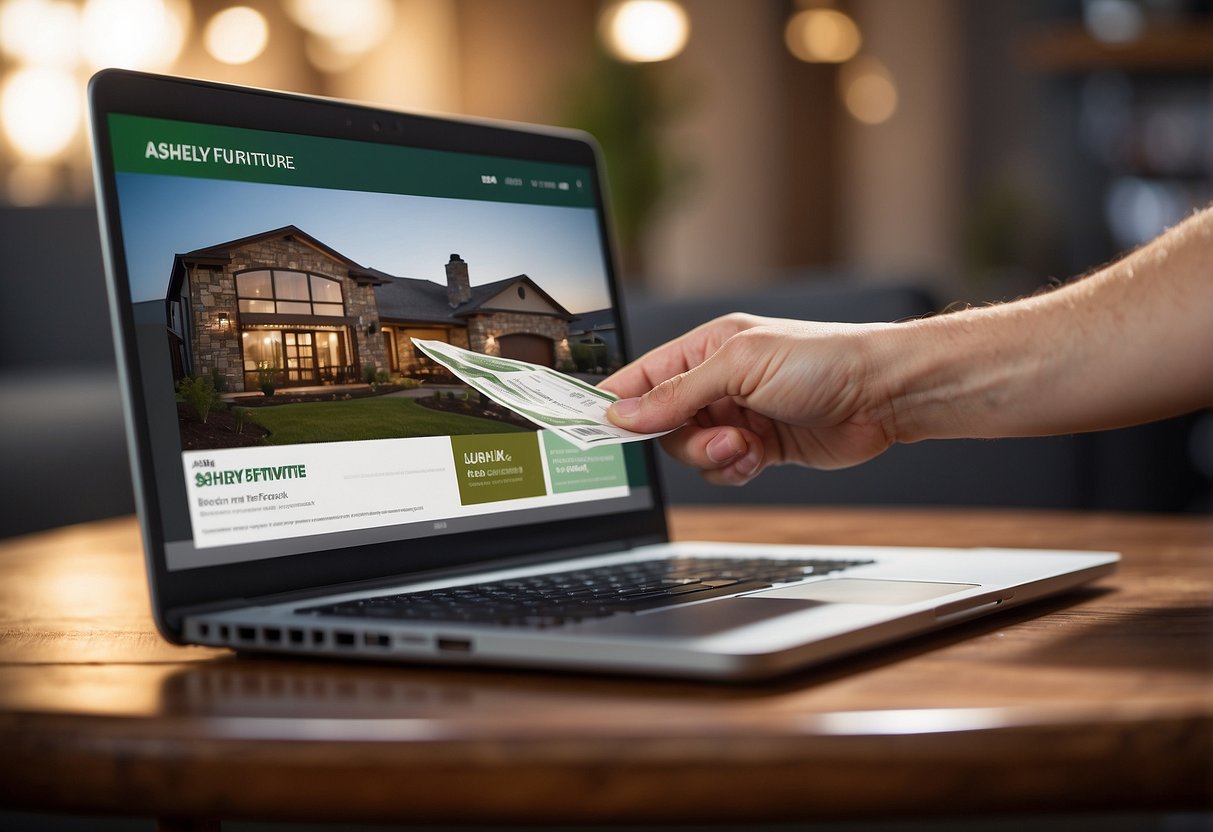 A hand reaching for a stack of Ashley Furniture coupons on a table, with a laptop open to the Ashley Furniture website in the background