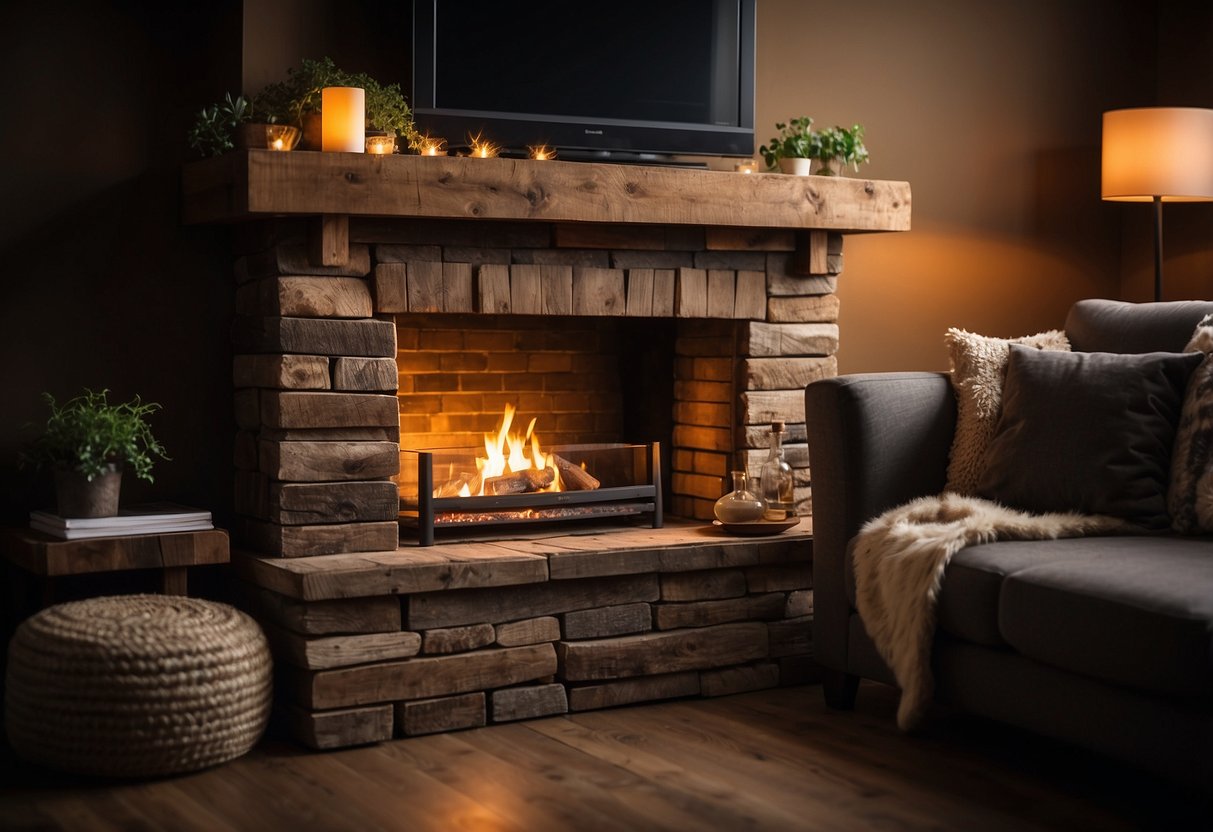 A cozy fireplace with a reclaimed wood mantel sits in the corner, surrounded by warm lighting and comfortable seating