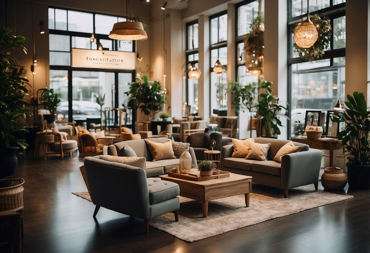 A stylish furniture store with elegant displays and a sign reading "Frequently Asked Questions exclusive furniture stores"